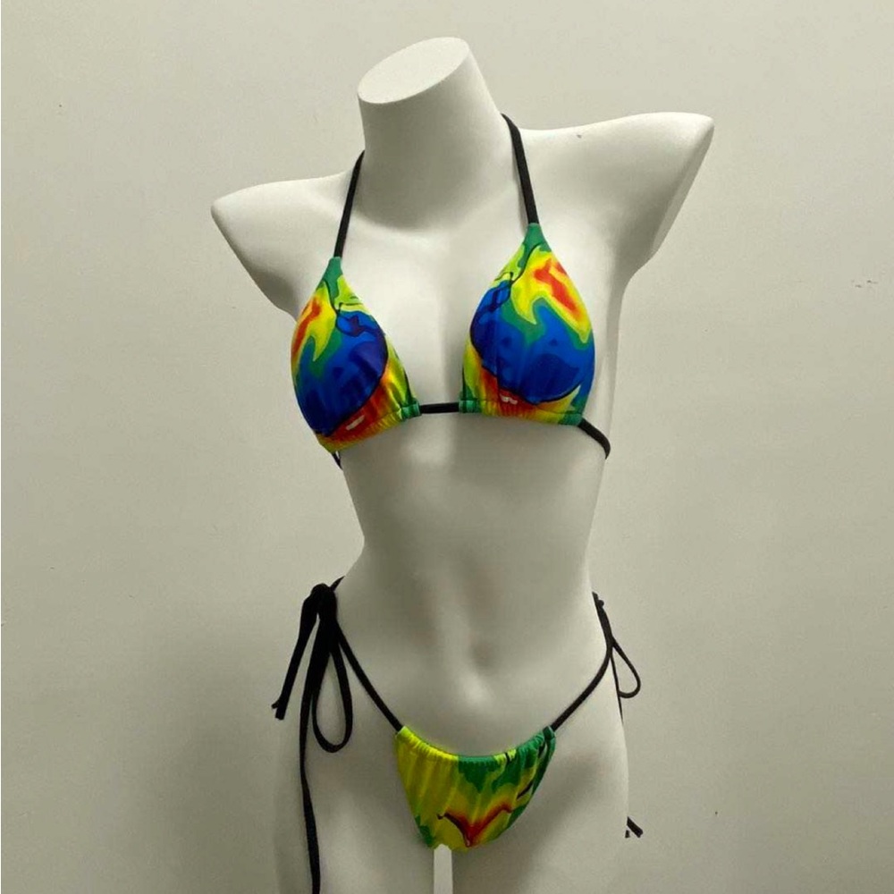 Multi color , vibrant , made with nylon and spandex.